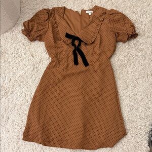 Reformation-style Brown Polka Dot Dress with Black Bow
